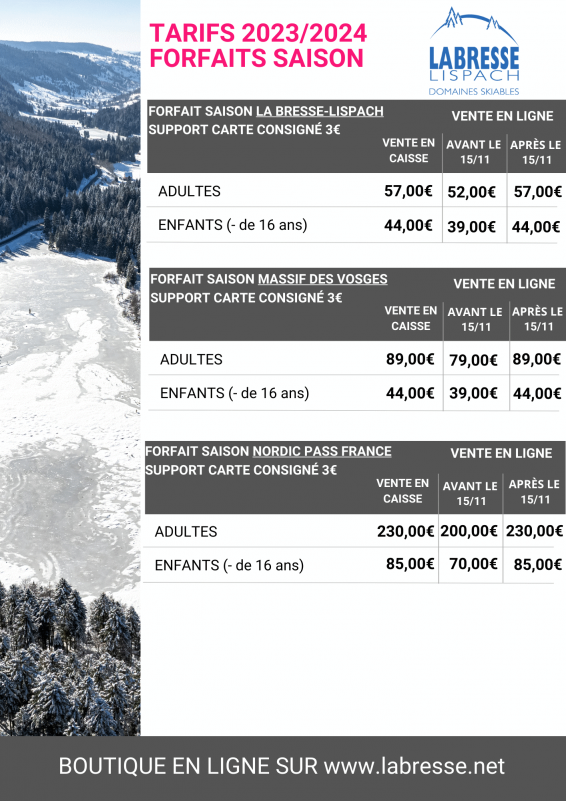Domaine Nordique La Bresse Lispach - Tarif forfait Saison 2023/2024