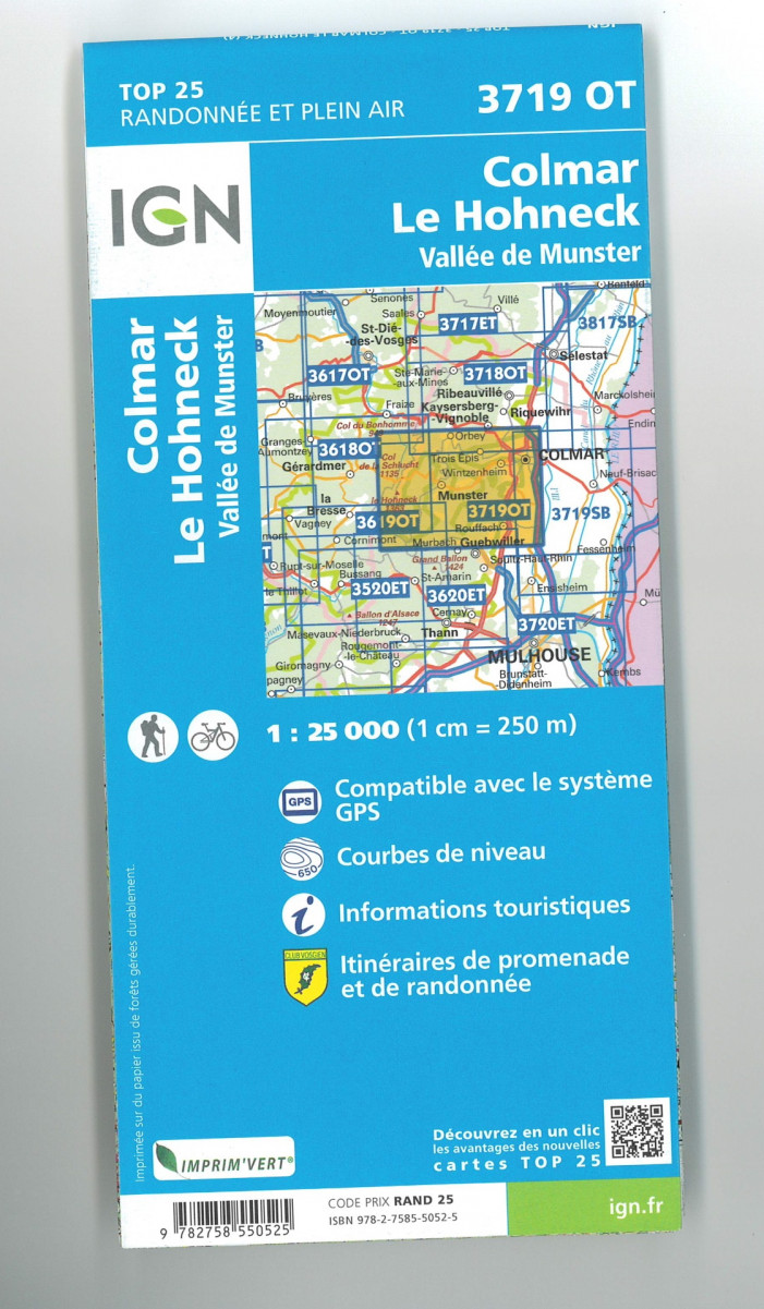 Carte IGN du Club Vosgien Colmar Le Hohneck 3719 OT